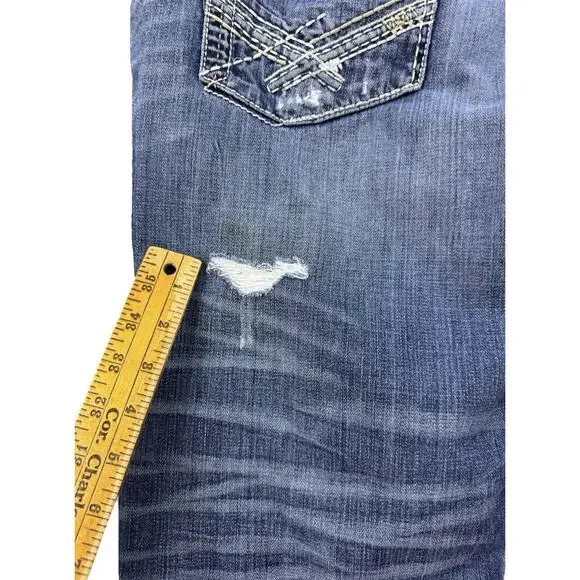 BKE Tyler Denim Jeans Mens 31 X 30 Blue Med Wash Whiskered Bootcut Ripped - Picture 13 of 14